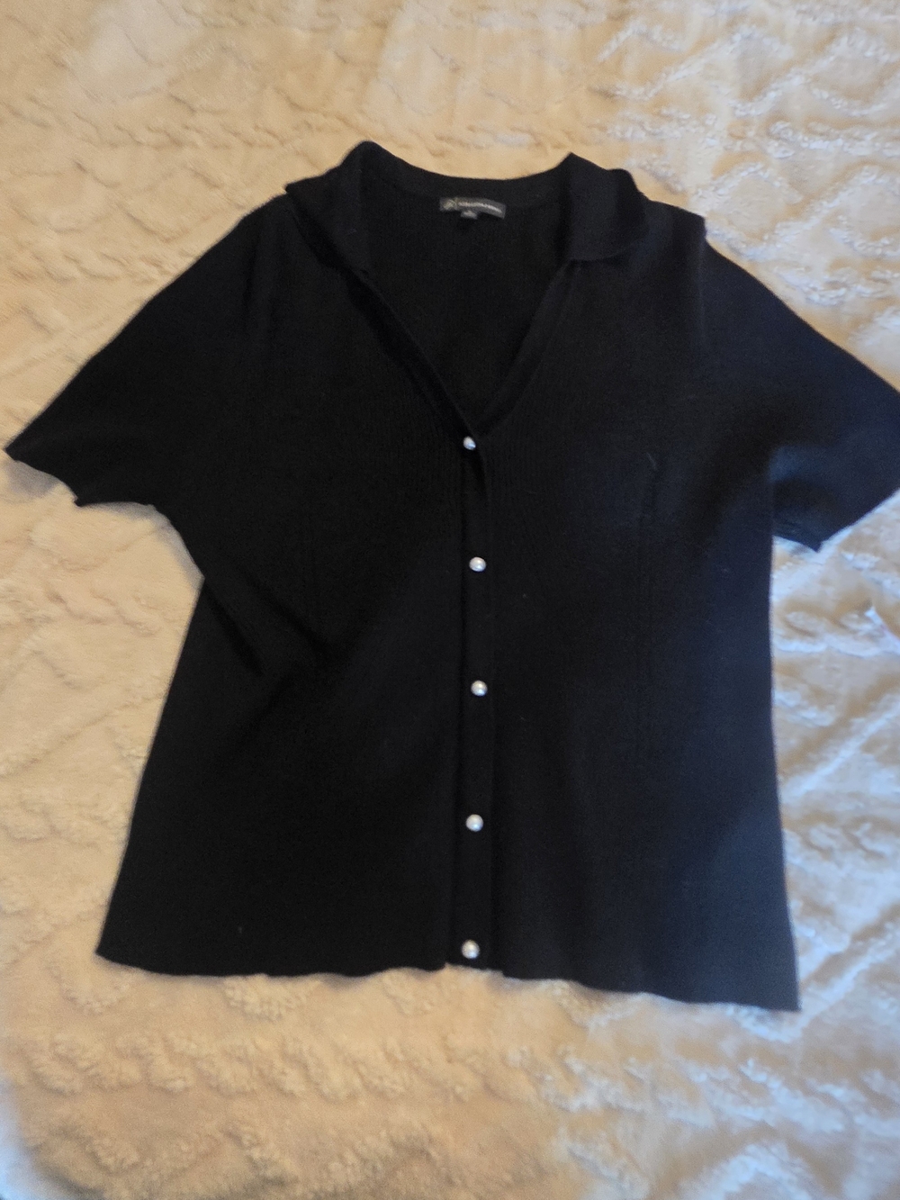 Adrianna Papell Black Short-Sleeve Button Front Knit Top with Pearl Buttons
